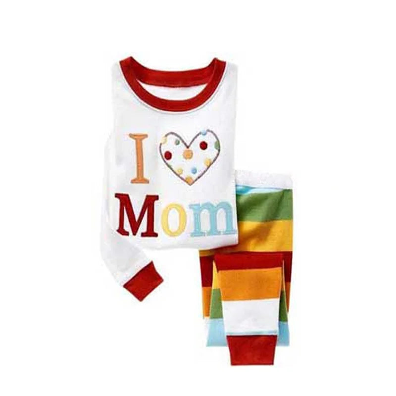 Kids Animal Pajama Set in white cotton knit with red trim, colorful “I love Mom” lettering, and multicolored striped pants.