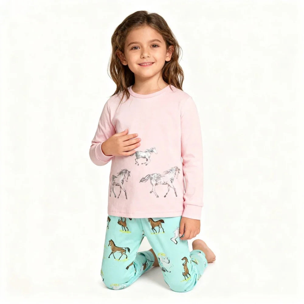 Kids Animal Pajama Set in soft cotton knit, with a pale pink horse-print top and mint trousers patterned with horses.