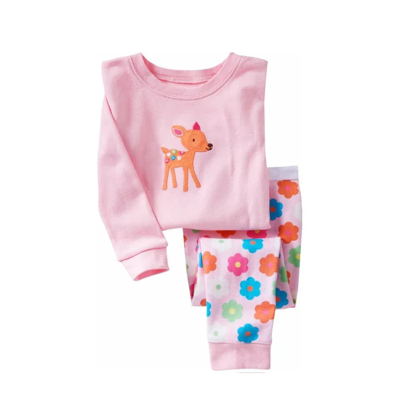 Kids Animal Pajama Set in soft pink cotton knit, with a deer appliqué top and colorful floral-print pants.