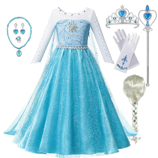 Toddler Princess Party Costume with blue sparkly dress and accessories including tiara, wand, gloves, and jewelry.