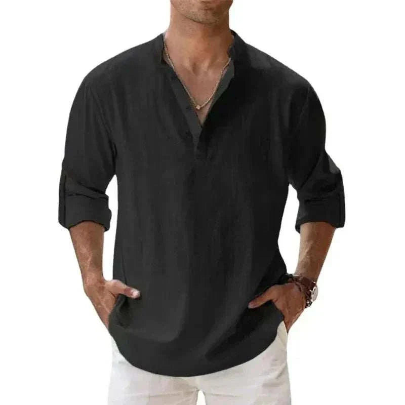 Breathable Cotton Henley in black with buttoned neckline displaying lightweight and soft fabric.