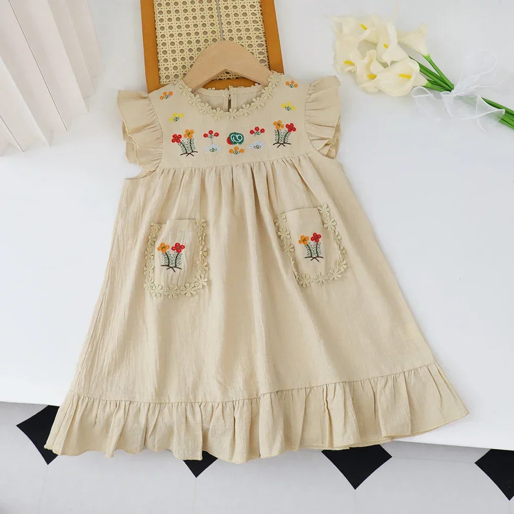 Girls' Embroidered Ruffle Dress