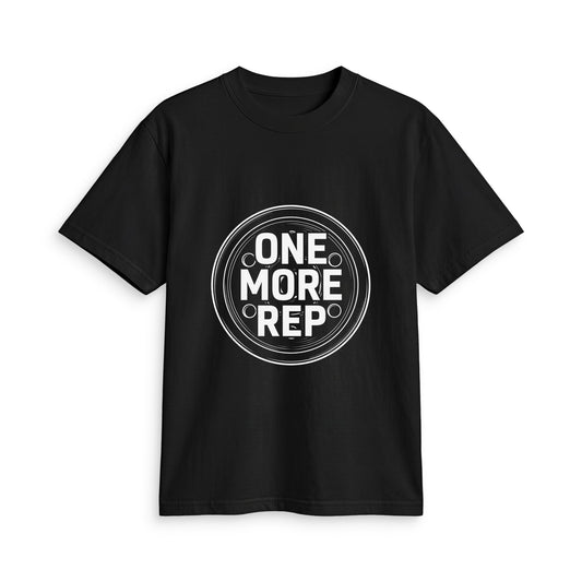 One More Rep Unisex Active T-shirt in black cotton, featuring bold white lettering inside a circular graphic on the chest.