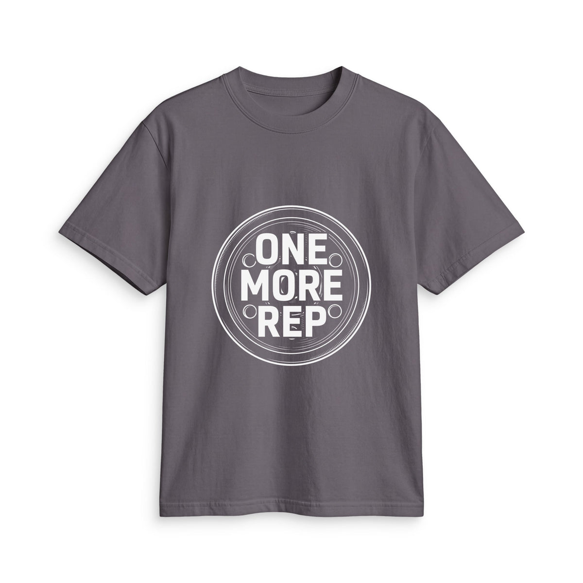 One More Rep Unisex Active T-shirt in charcoal grey cotton, with a bold white circular “ONE MORE REP” graphic on the chest.
