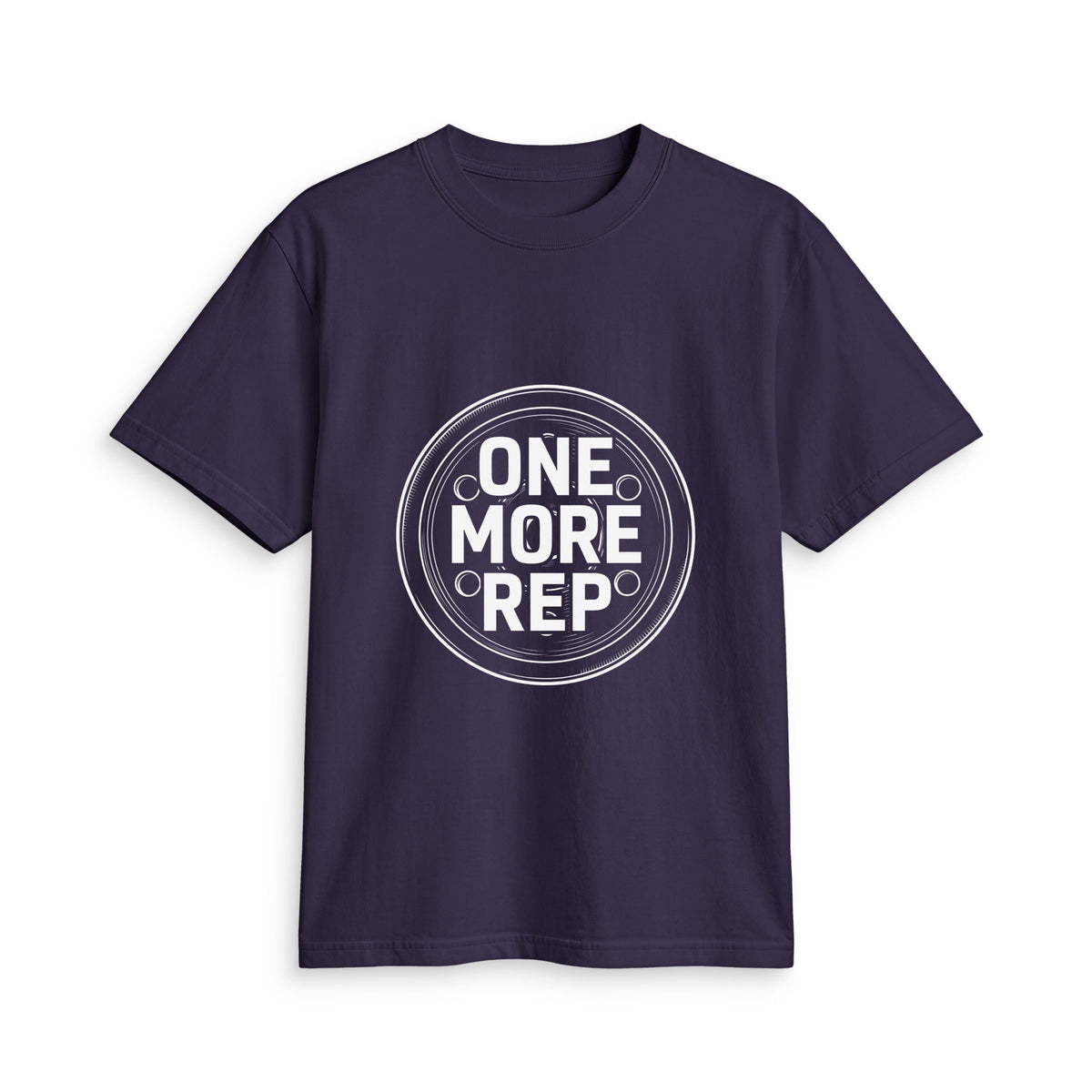 One More Rep Unisex Active T-shirt in deep navy cotton, featuring bold white “ONE MORE REP” lettering inside a circular graphic.