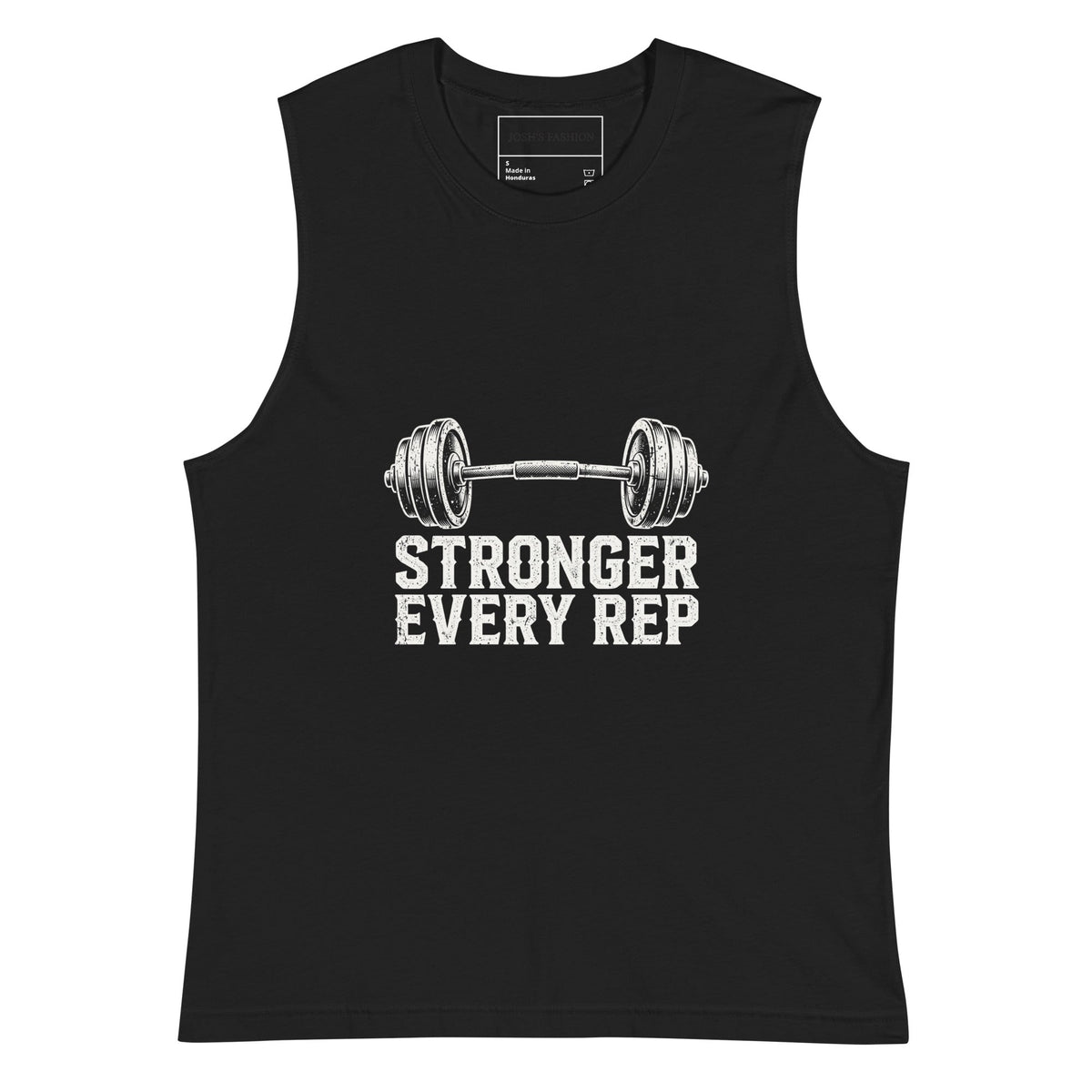 Men’s black cotton muscle shirt with wide low-cut armholes and a white barbell graphic above “Stronger Every Rep” lettering.
