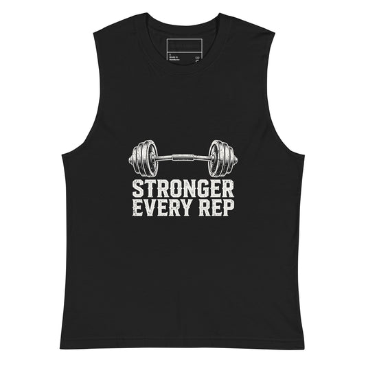 Men’s black cotton muscle shirt with wide low-cut armholes and a white barbell graphic above “Stronger Every Rep” lettering.