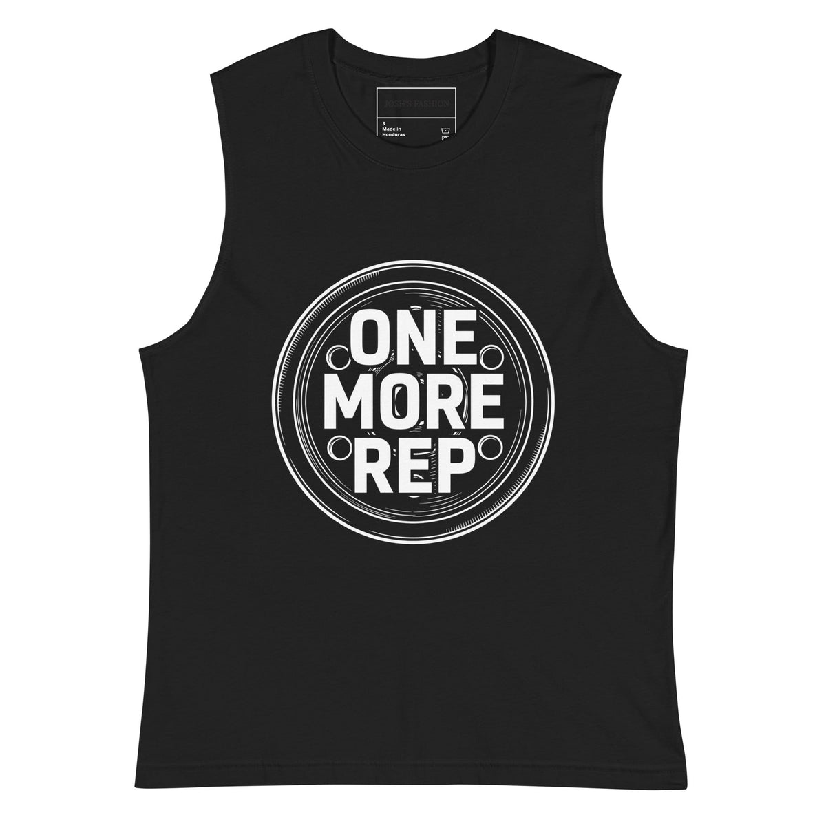 One More Rep Men's Muscle Shirt, black cotton tank with wide low-cut armholes and bold white circular lettering graphic.
