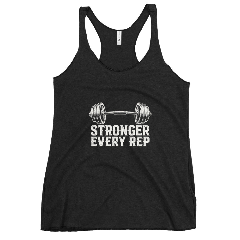 Stronger Every Rep Women's Racerback tank in black soft knit fabric, with a white barbell graphic and bold text print.
