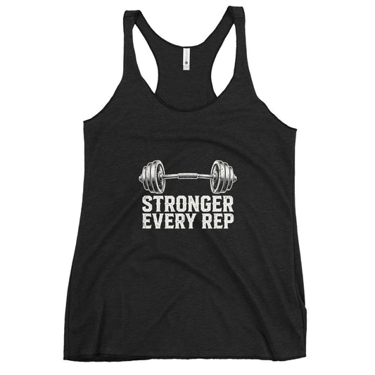 Stronger Every Rep Women's Racerback tank in black soft knit fabric, with a white barbell graphic and bold text print.