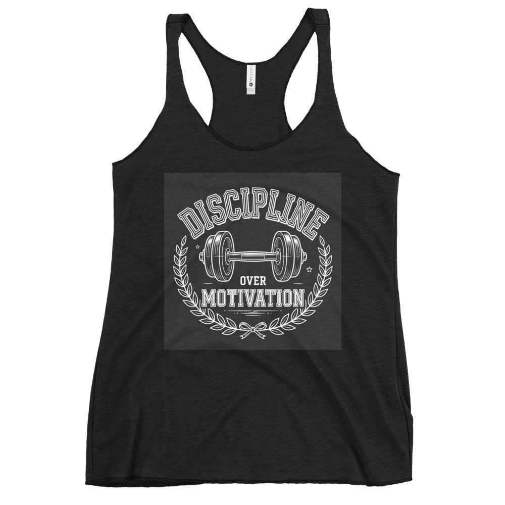 Discipline Over Motivation Women's black racerback tank in a lightweight knit, featuring a white weightlifting graphic and laurel design.