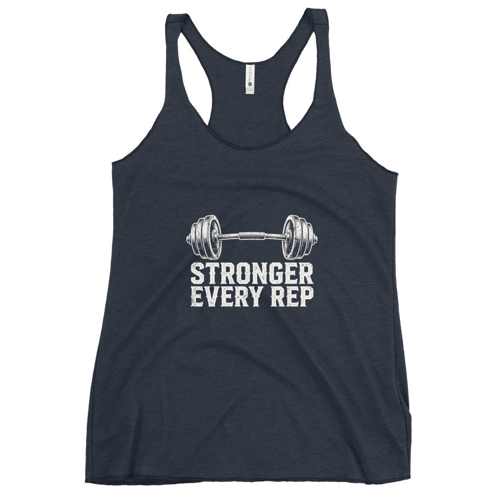 Stronger Every Rep Women's Racerback tank in charcoal heather fabric, with a white barbell graphic and slogan print.
