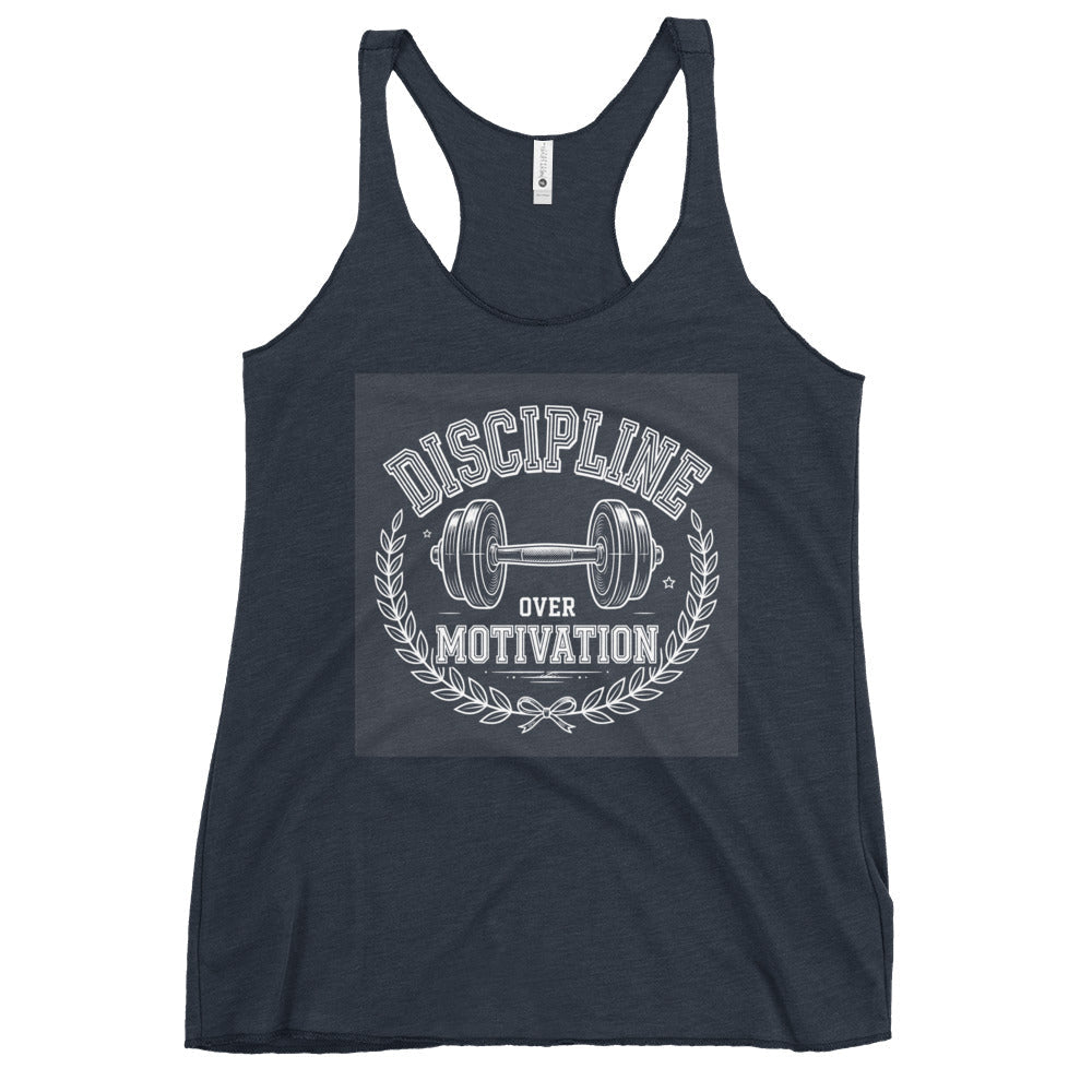 Discipline Over Motivation Women's racerback tank in charcoal gray, with a white weightlifting graphic and raw-edge seams.
