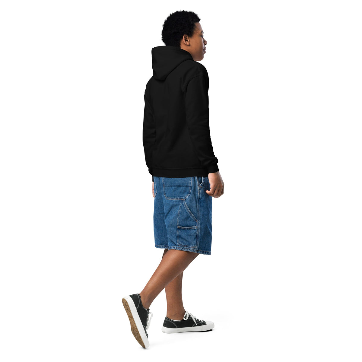 Little Champ Youth Hoodie in black cotton-polyester fleece, featuring a plain design, pullover hood and ribbed cuffs and hem.