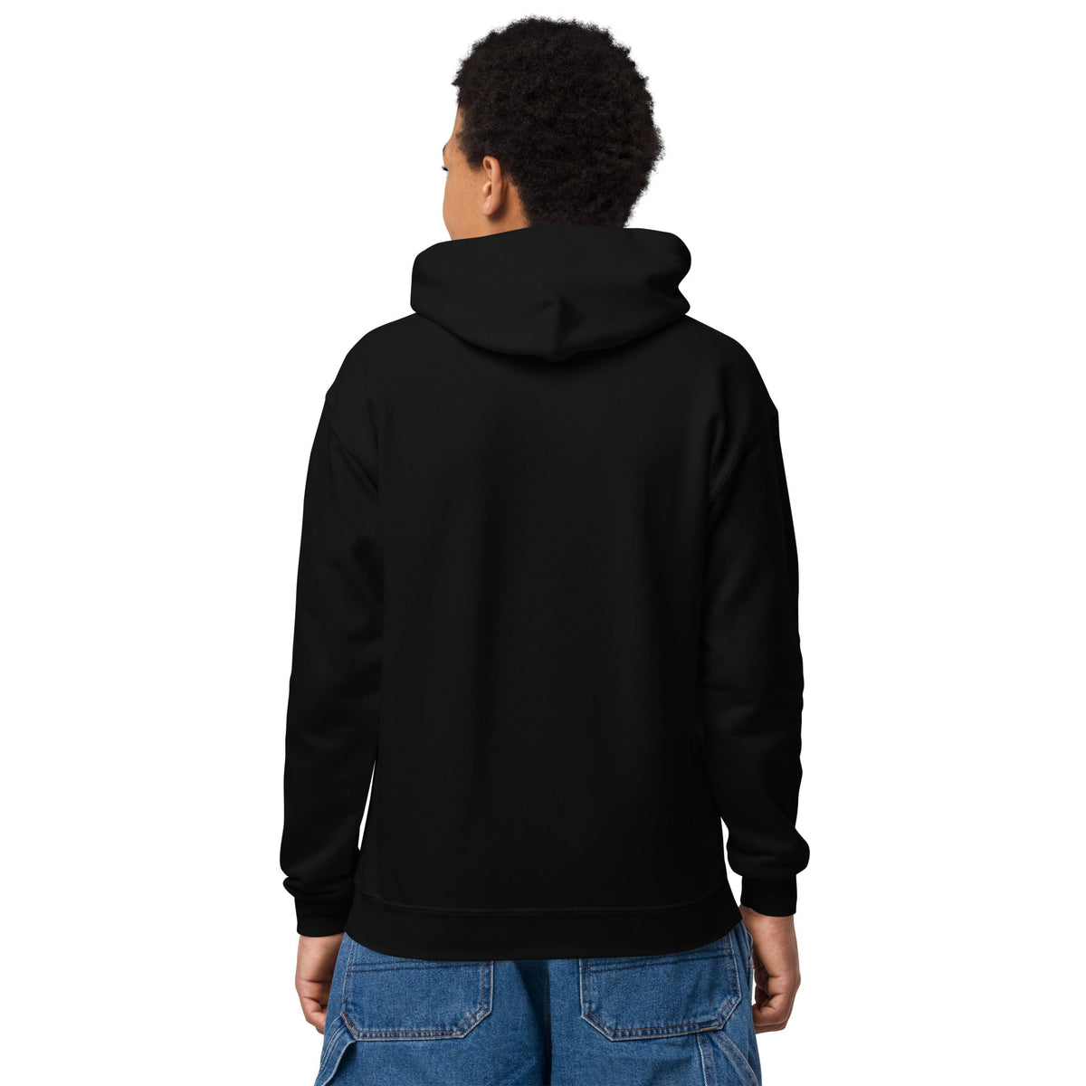 Youth hoodie in solid black cotton-blend fleece, shown from the back with a plain hood and ribbed cuffs; Reach for the Stars style.