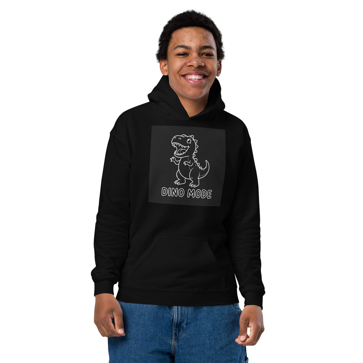 Dino Mode Youth Hoodie in black fleece, featuring a front pouch pocket and outlined dinosaur graphic with “DINO MODE” text.
