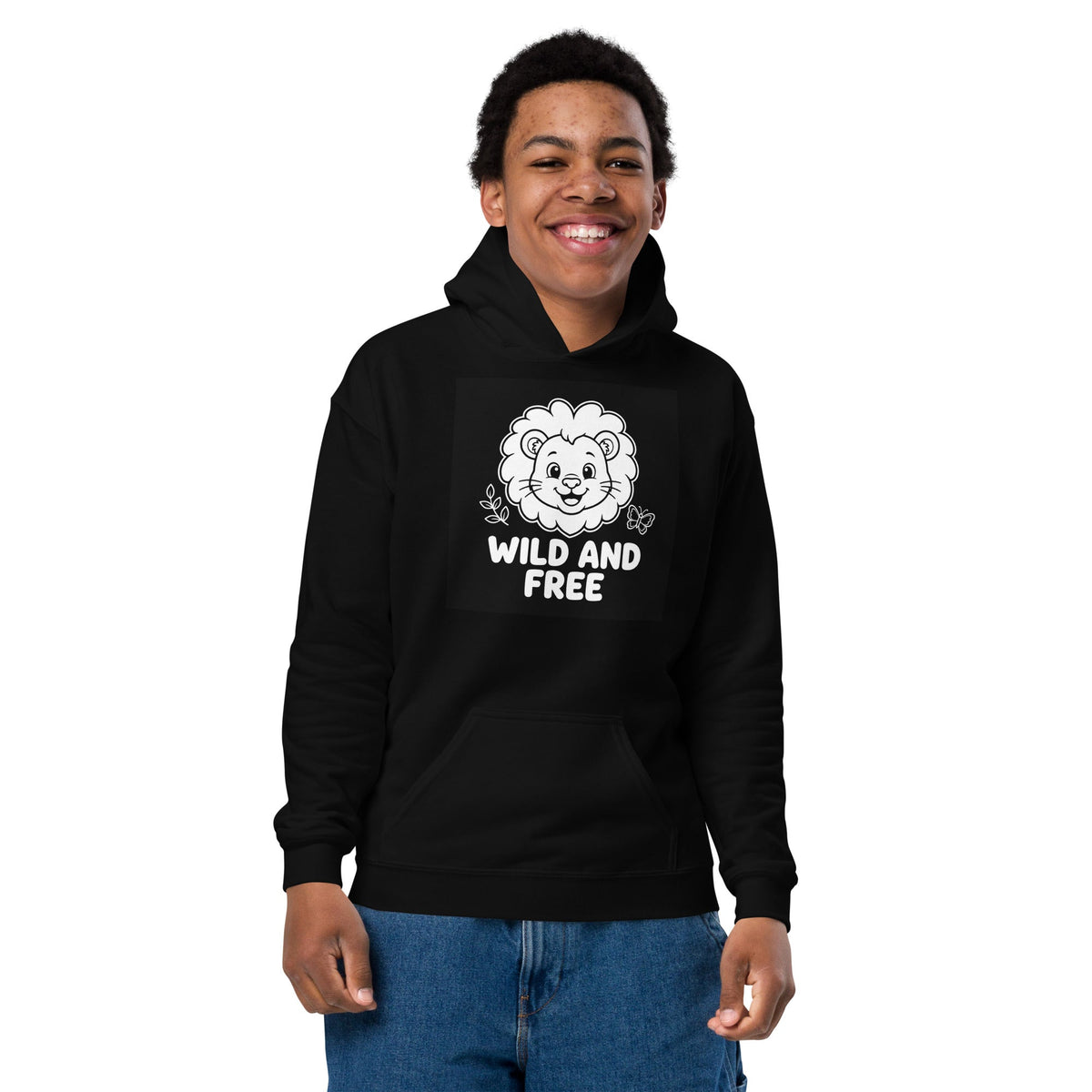 Wild and Free Youth Hoodie in black cotton-blend fleece, featuring a white lion graphic, text, and front pouch pocket.