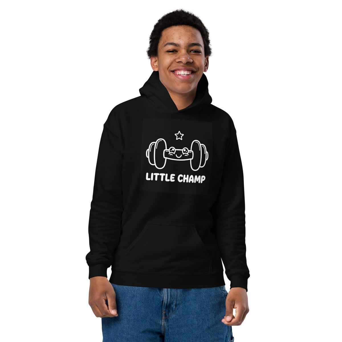 Little Champ Youth Hoodie in black cotton-blend fleece, featuring a white weightlifting graphic, front pouch pocket and hood.