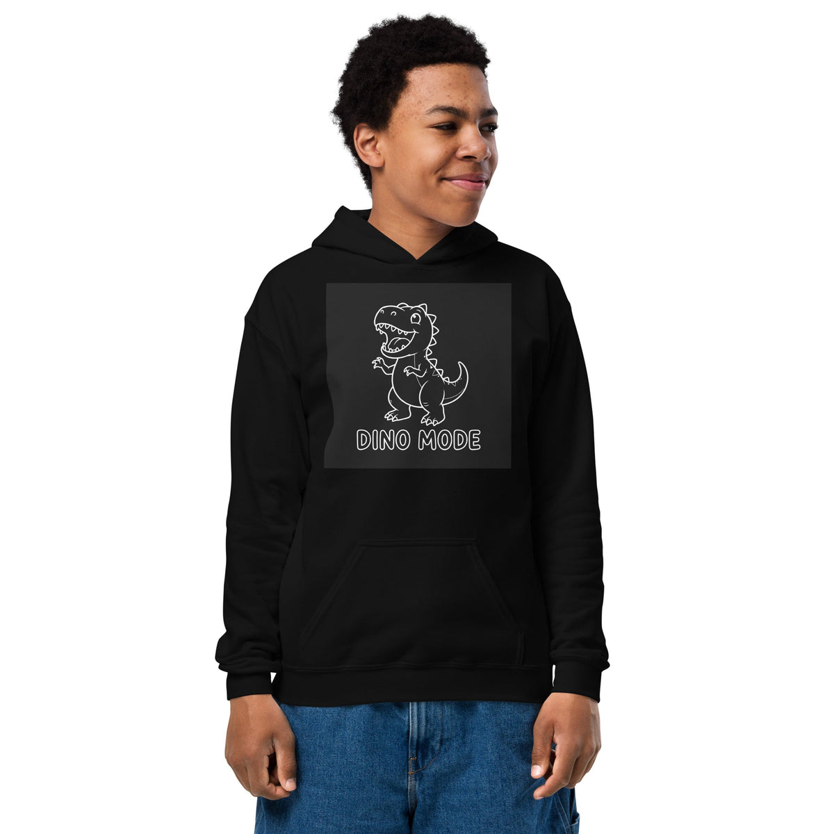 Dino Mode Youth Hoodie in black fleece, with a front pouch pocket and a gray outlined dinosaur graphic and lettering.