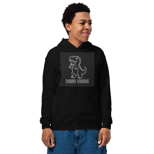Dino Mode Youth Hoodie in black fleece, with a front pouch pocket and a gray outlined dinosaur graphic and lettering.