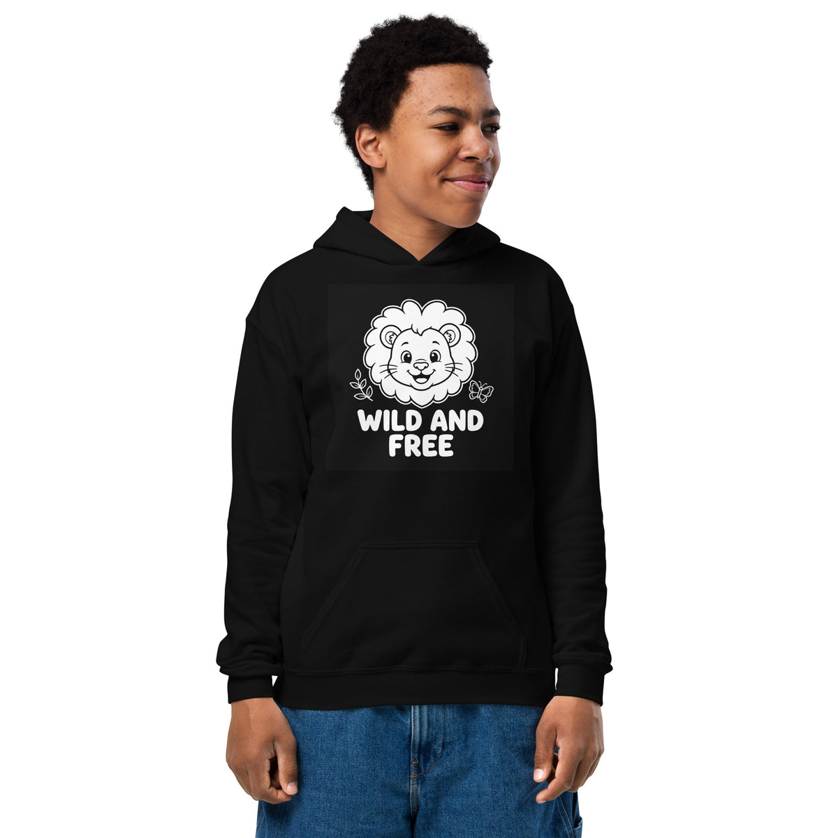 Wild and Free Youth Hoodie in black cotton-blend fleece, featuring a white lion graphic and front pouch pocket.