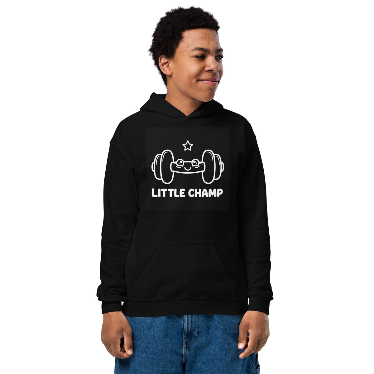 Little Champ Youth Hoodie in black cotton-blend fleece, with a white weightlifting graphic, text, and front pouch pocket.