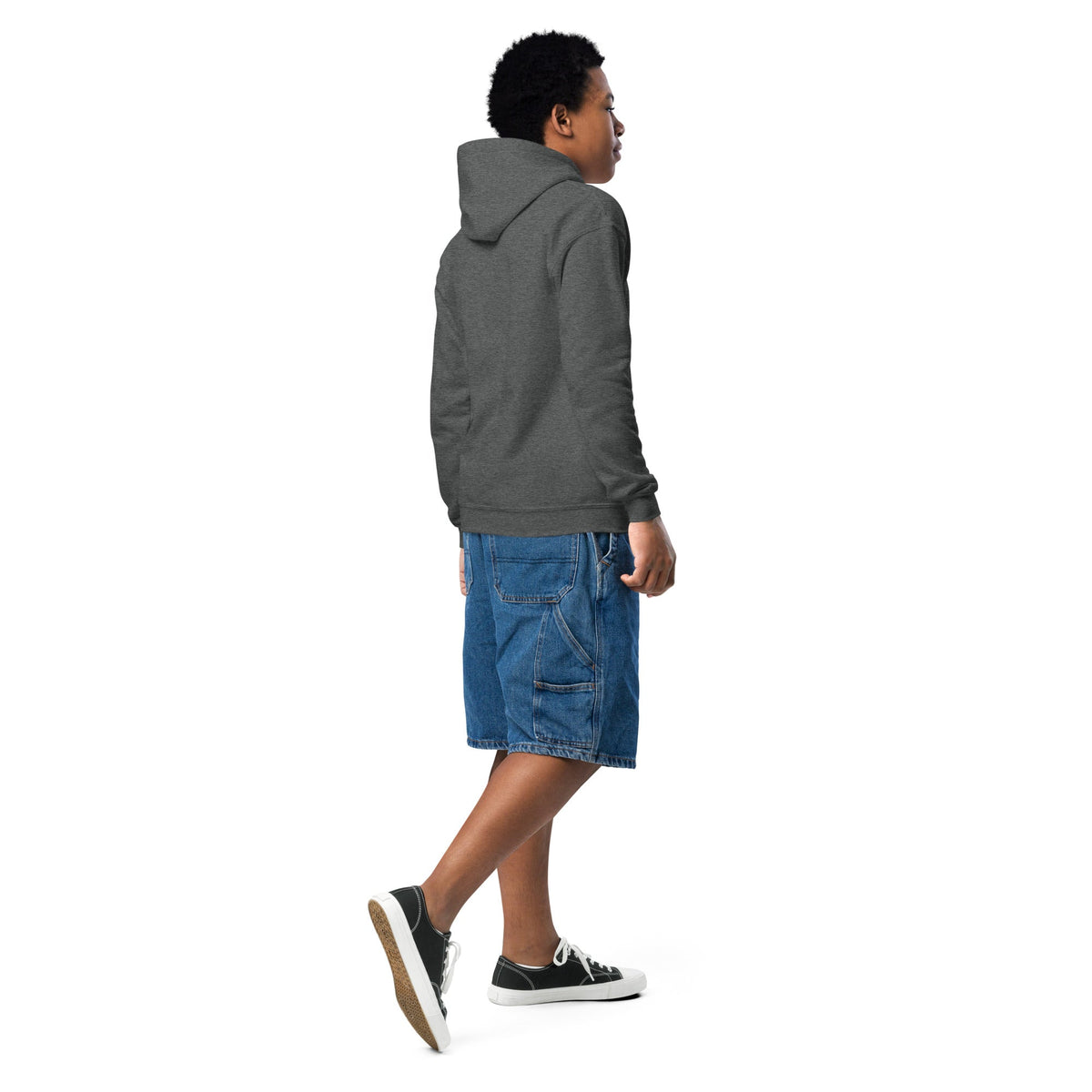 Dino Mode Youth Hoodie, a charcoal gray fleece pullover with a plain back, ribbed cuffs and hem, and a hood.