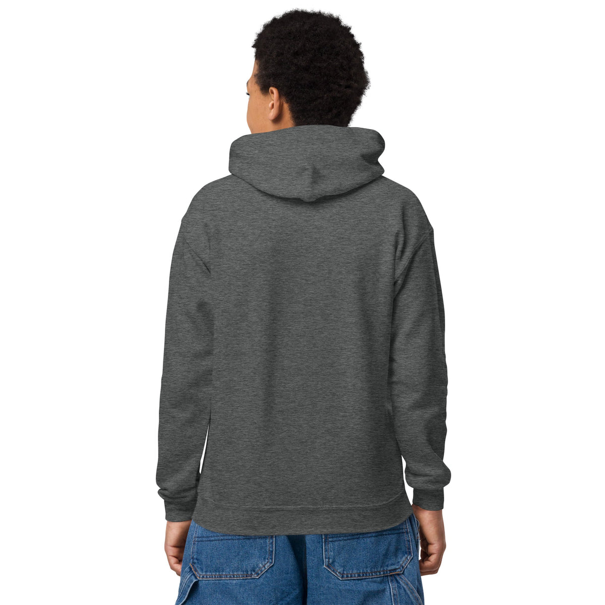 Little Champ Youth Hoodie in charcoal gray fleece, with a plain back, long sleeves, ribbed cuffs and hem, and hood.