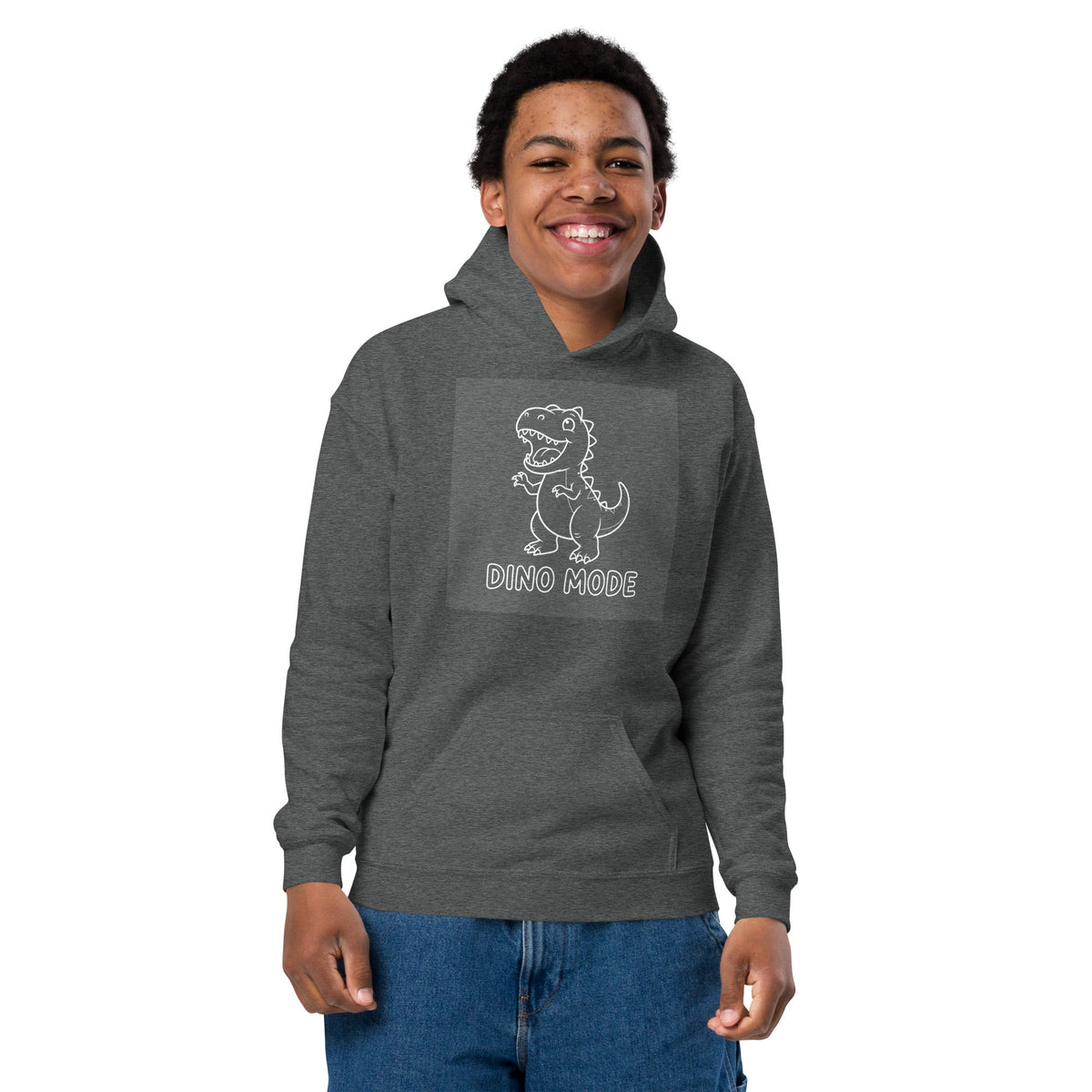 Dino Mode Youth Hoodie in charcoal gray fleece, featuring a white outlined dinosaur graphic and front pouch pocket.