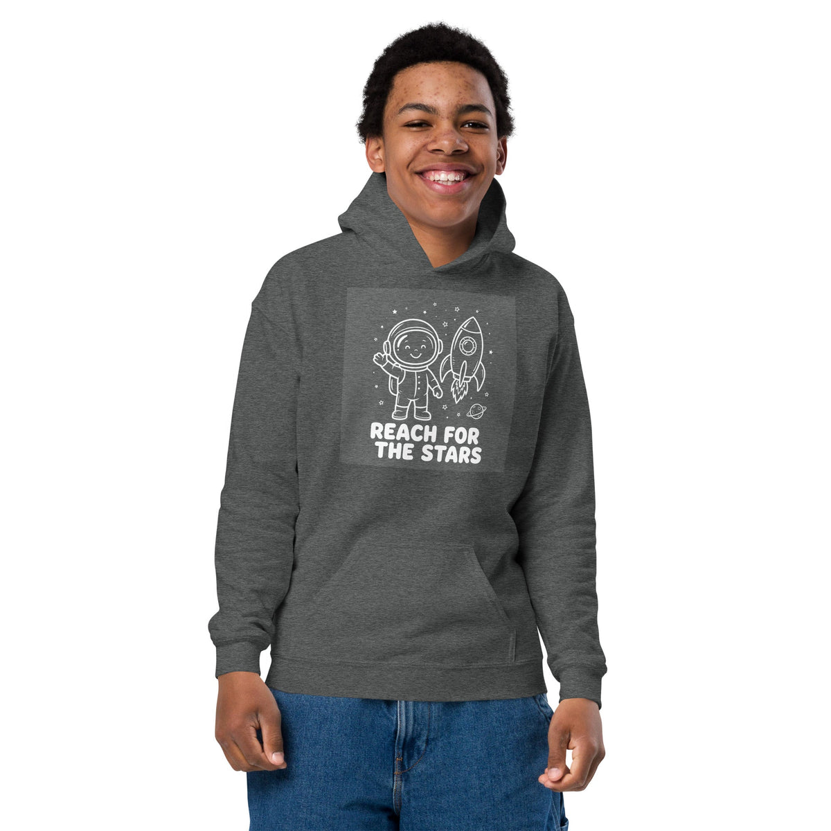 Youth hoodie in charcoal gray fleece, featuring a front pouch pocket and white astronaut and rocket graphic with Reach for the Stars text.