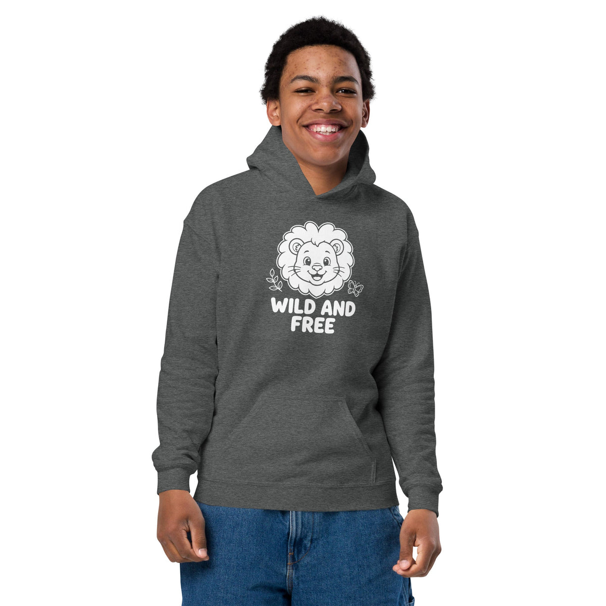 Wild and Free Youth Hoodie in charcoal gray fleece, featuring a white smiling lion graphic and “WILD AND FREE” lettering.