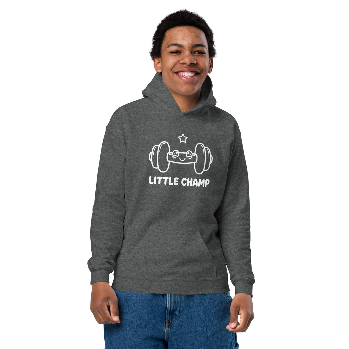 Little Champ Youth Hoodie in charcoal gray cotton-polyester fleece, featuring white barbell and star graphic, pouch pocket and hood.