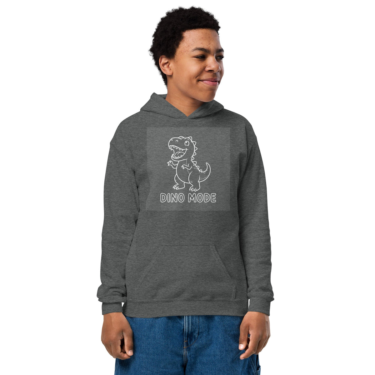 Dino Mode Youth Hoodie in charcoal gray fleece, with a white outlined dinosaur graphic, front pouch pocket and hood.