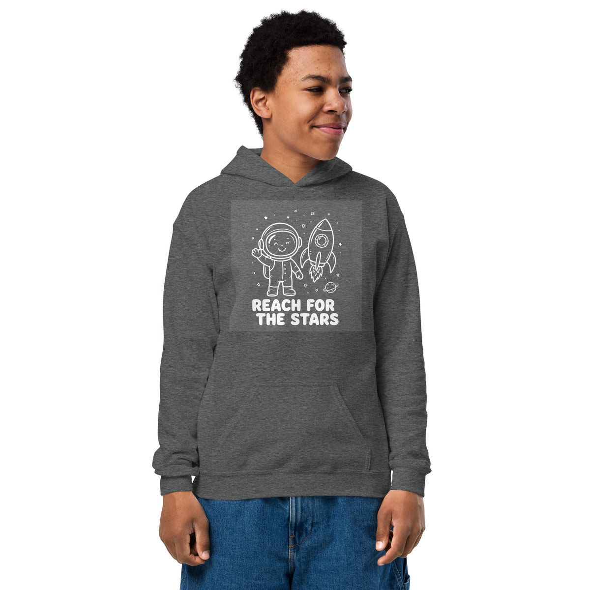 Youth hoodie in charcoal gray cotton-blend fleece, featuring a white astronaut and rocket graphic with “Reach for the Stars” text and a front pouch pocket.