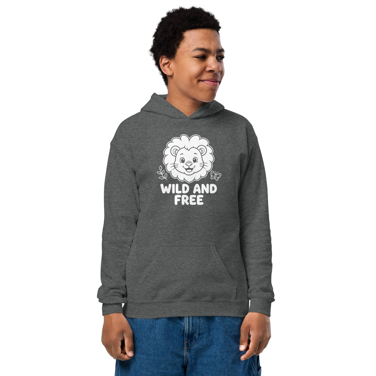 Wild and Free Youth Hoodie in charcoal gray fleece, featuring a white lion graphic and text, hood, and front pouch pocket.