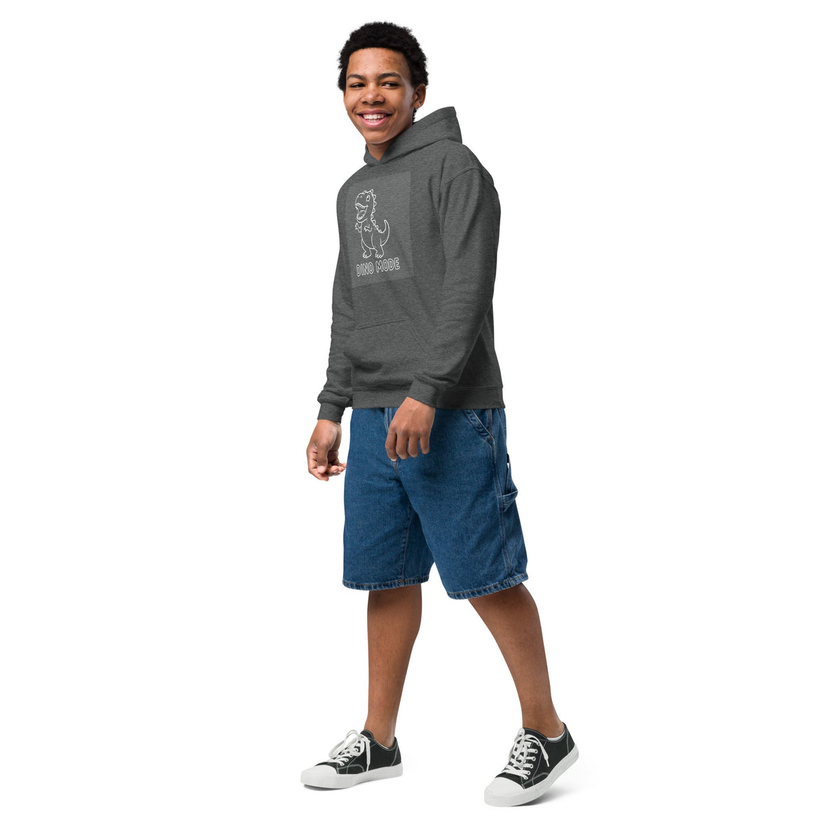 Dino Mode Youth Hoodie in charcoal gray fleece, featuring a light dinosaur graphic on the front and a kangaroo pocket.