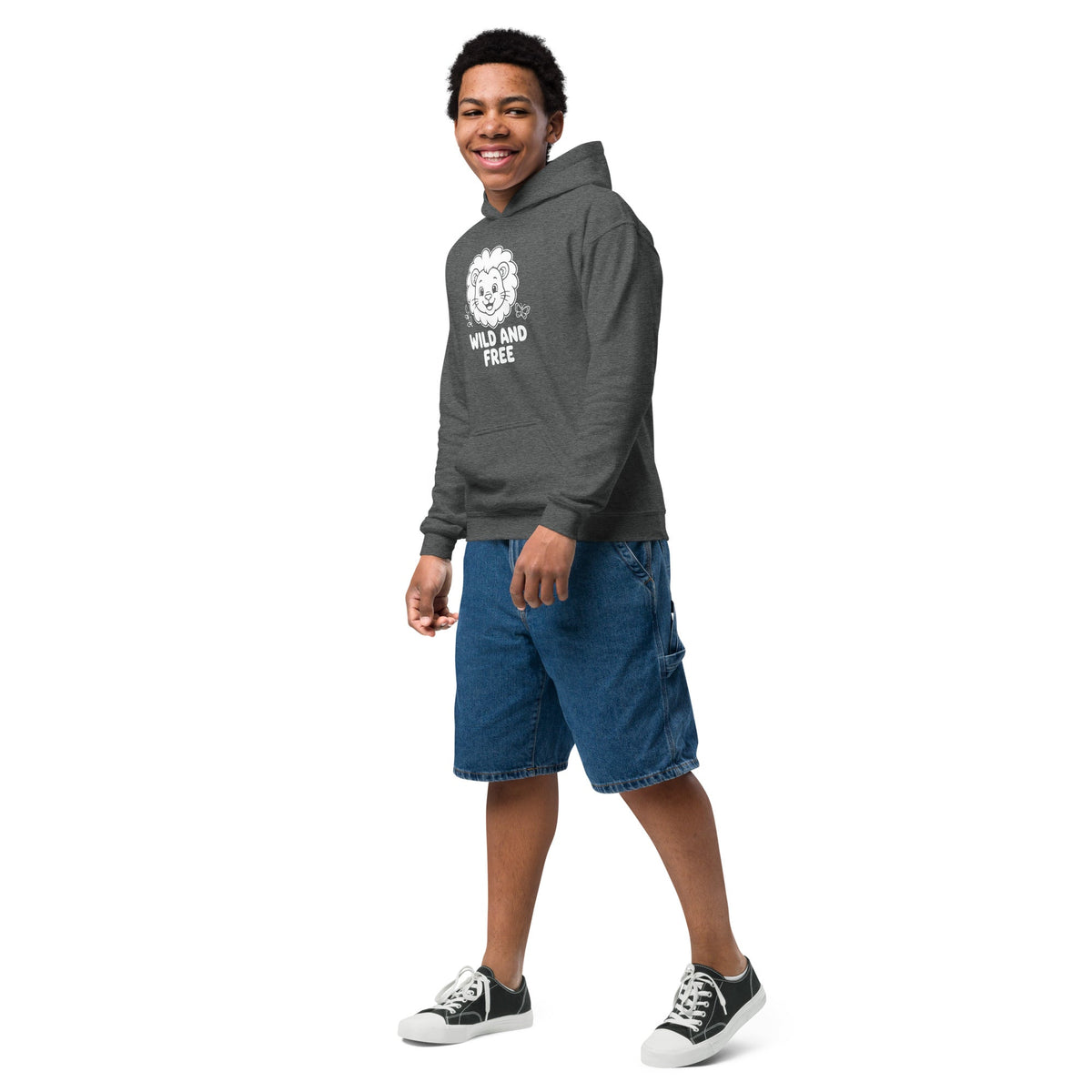 Wild and Free Youth Hoodie in charcoal gray fleece, featuring a white lion graphic and text on the chest and a front pouch pocket.
