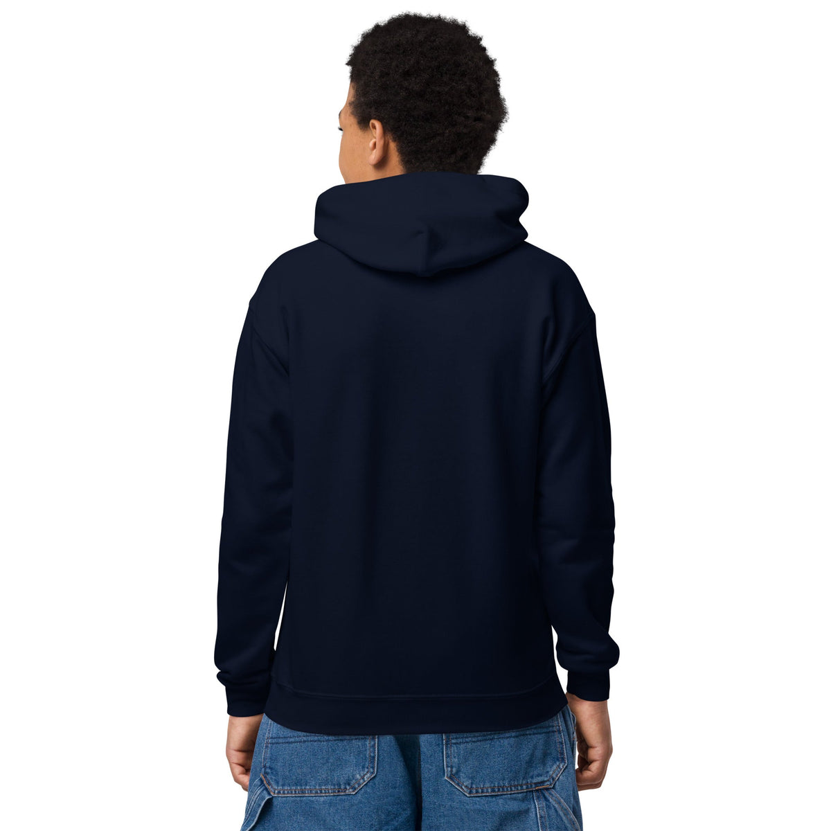 Little Champ Youth Hoodie in solid navy fleece blend, shown from the back with a plain double-lined hood and ribbed hem.