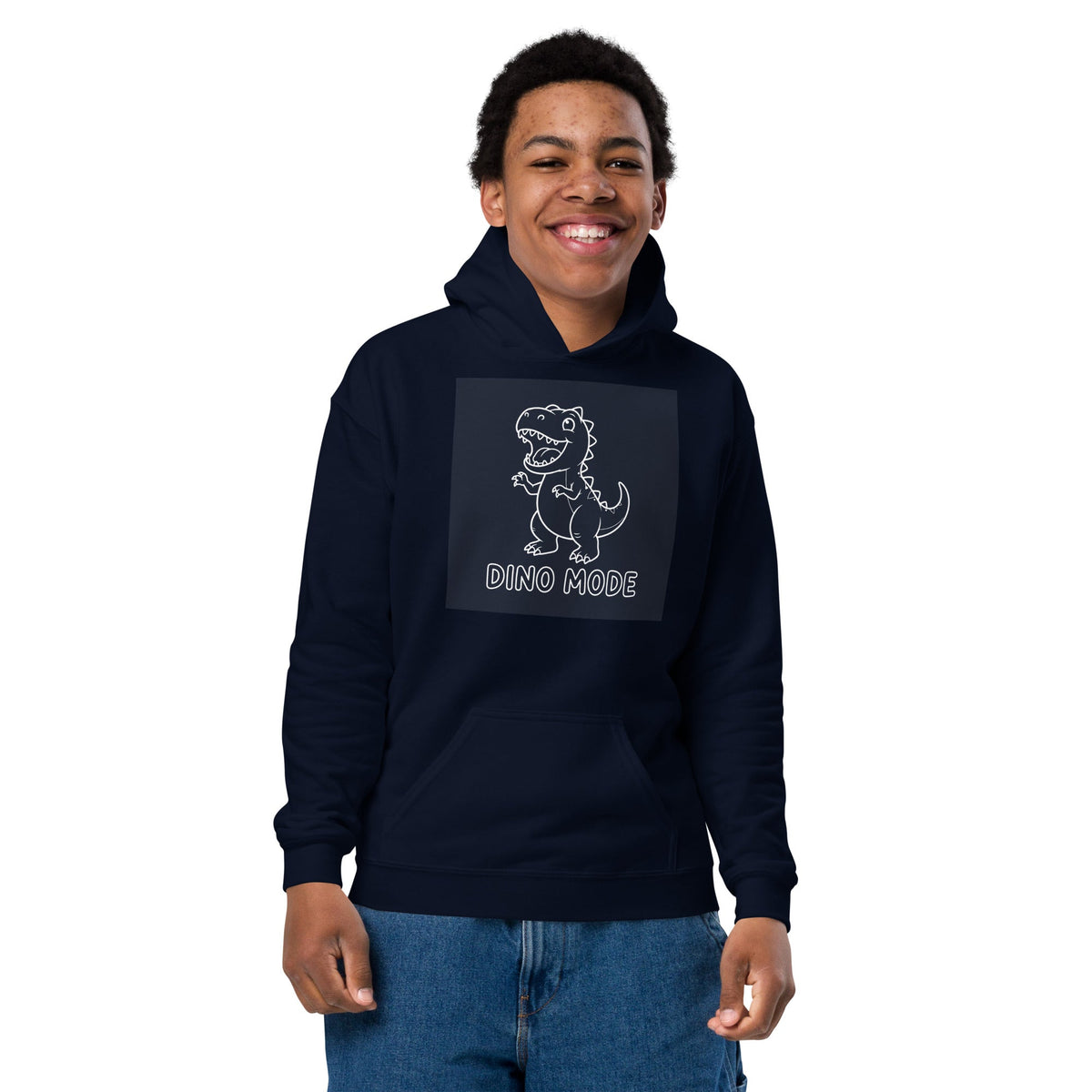 Dino Mode Youth Hoodie in navy fleece, featuring a chest graphic of a smiling dinosaur with “Dino Mode” lettering and a front pouch pocket.