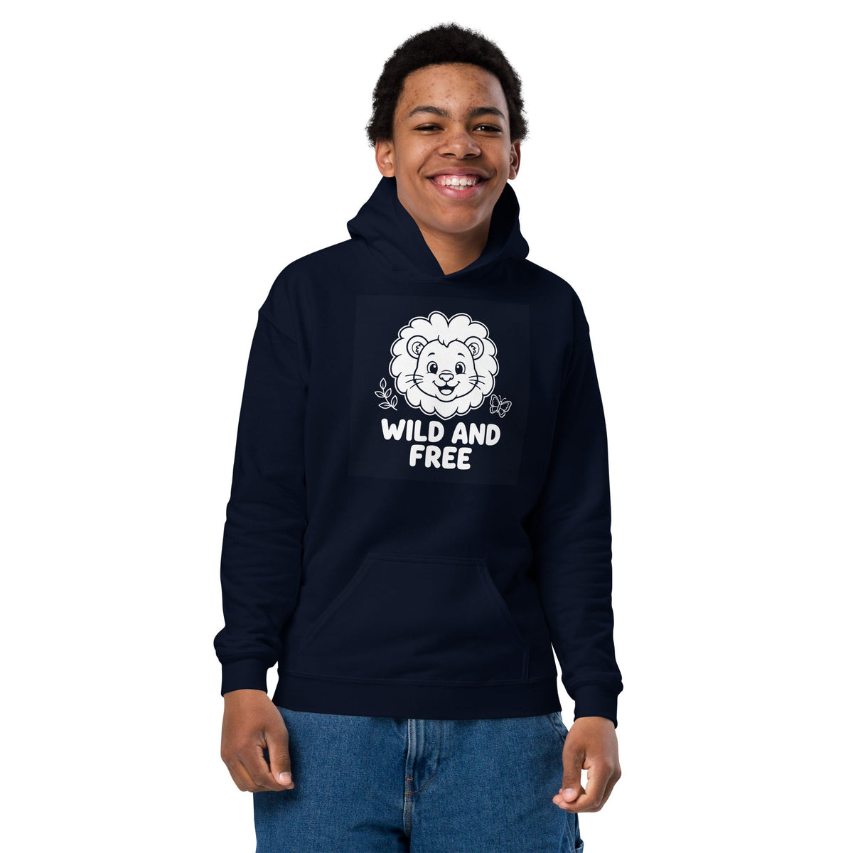 Wild and Free Youth Hoodie in navy cotton-blend fleece, with a white lion graphic, text print, pouch pocket and hood.