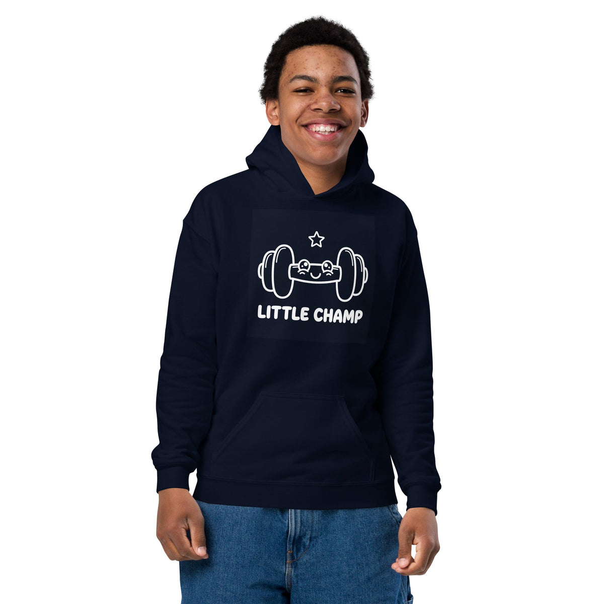 Little Champ Youth Hoodie in navy fleece, featuring a white barbell graphic, star, “Little Champ” text, and front pouch pocket.
