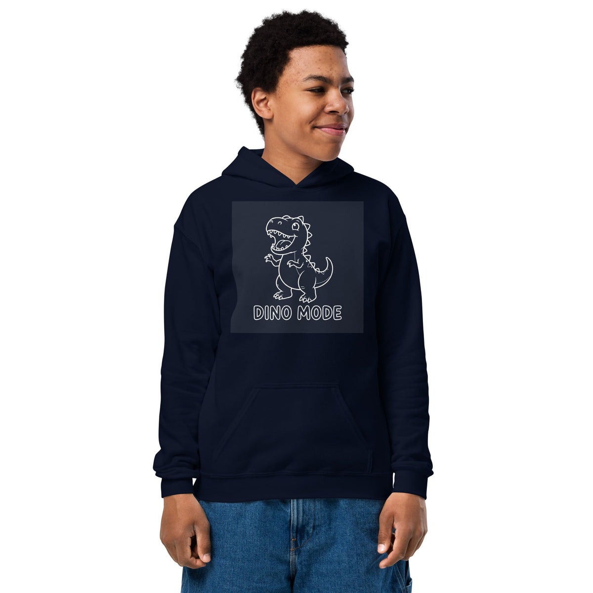 Dino Mode Youth Hoodie in navy fleece with a front pouch pocket and outlined dinosaur graphic reading “Dino Mode.”