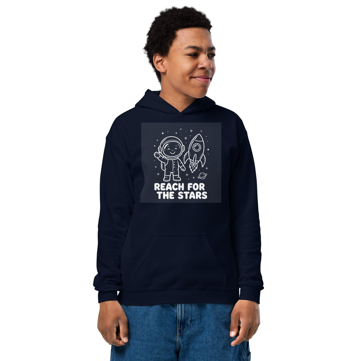 Youth hoodie in navy cotton-polyester fleece with a front pouch pocket and white astronaut and rocket Reach for the Stars graphic.