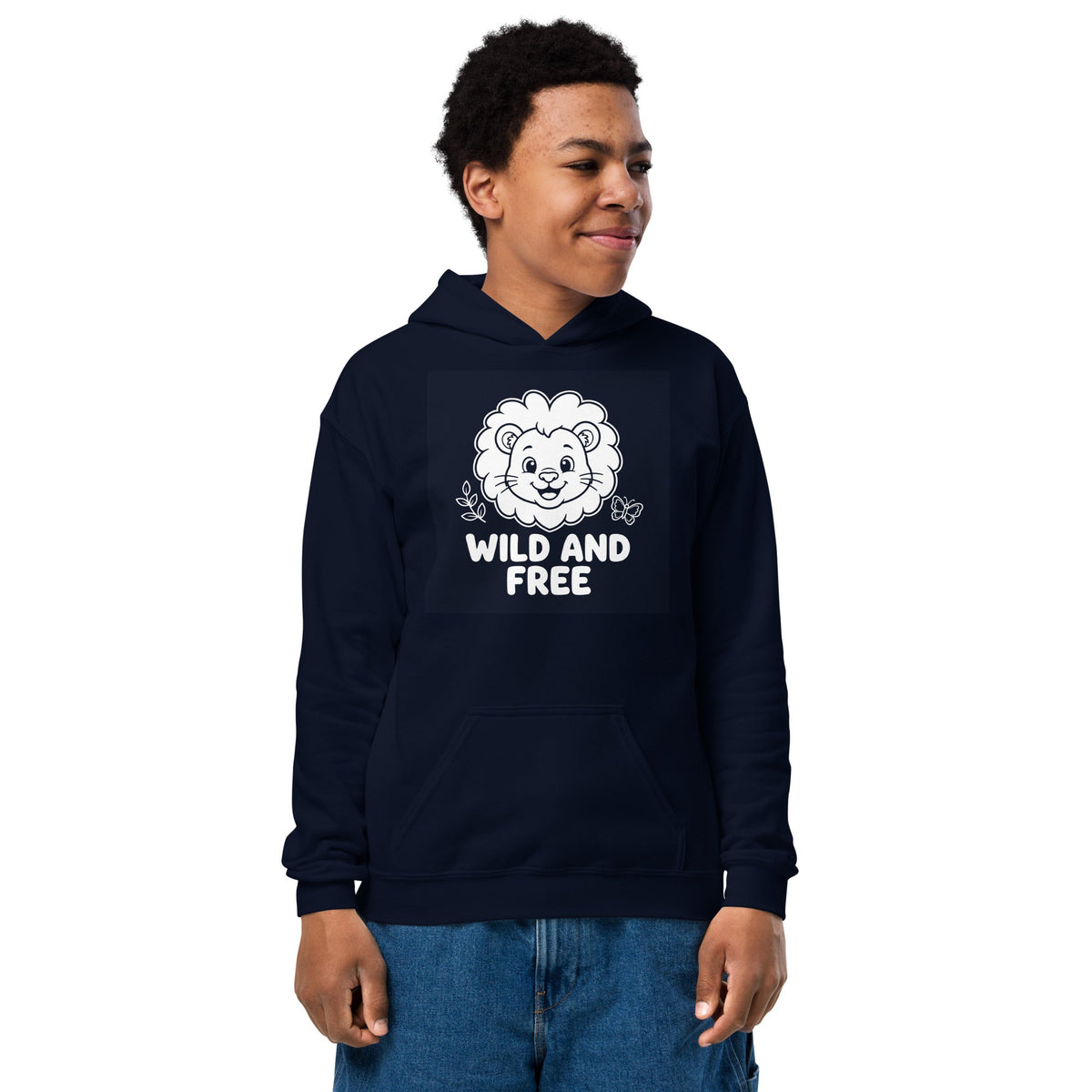 Wild and Free Youth Hoodie in navy cotton-polyester fleece, featuring a white lion graphic and front pouch pocket.