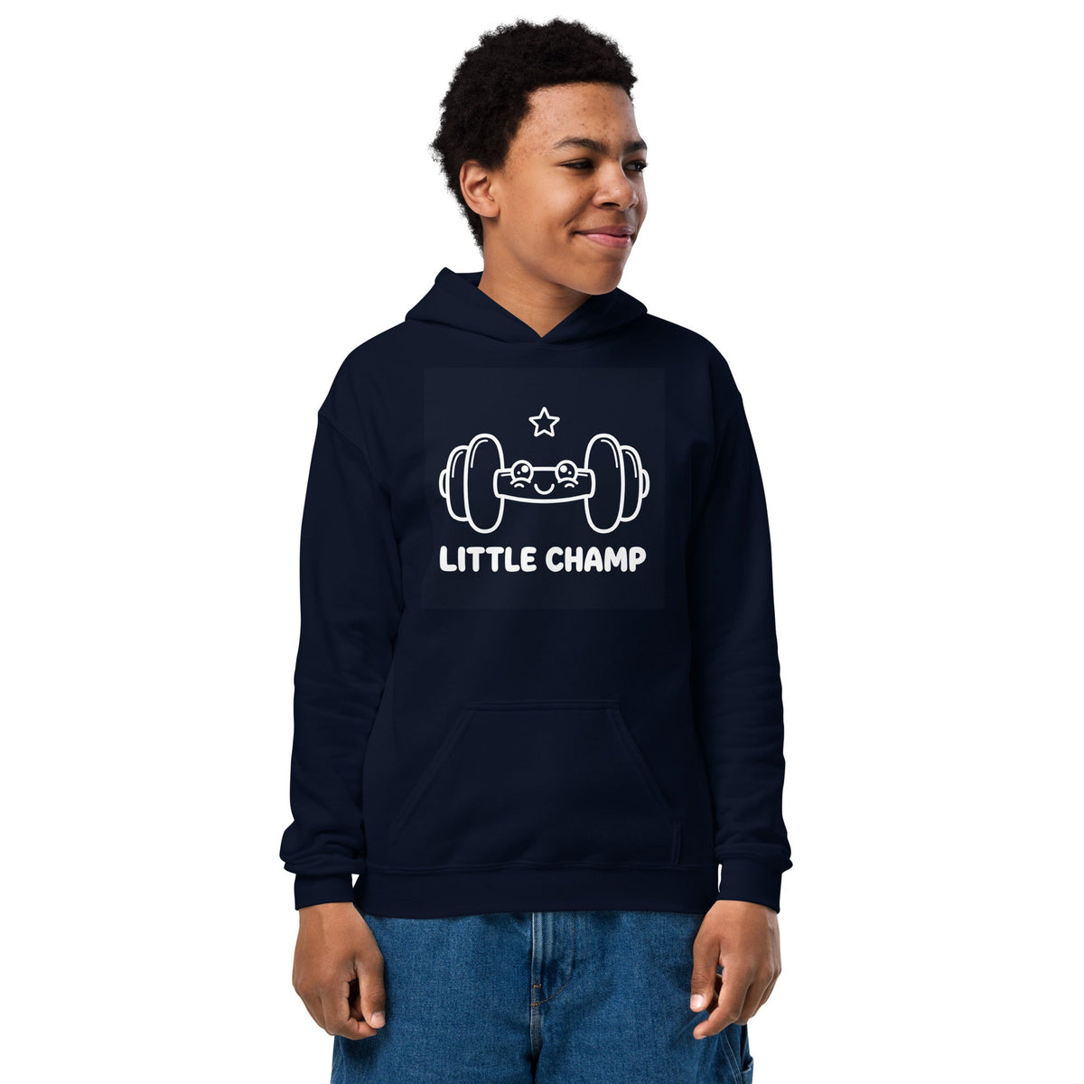 Little Champ Youth Hoodie in navy cotton-blend fleece, featuring a white barbell graphic, star, and front pouch pocket.