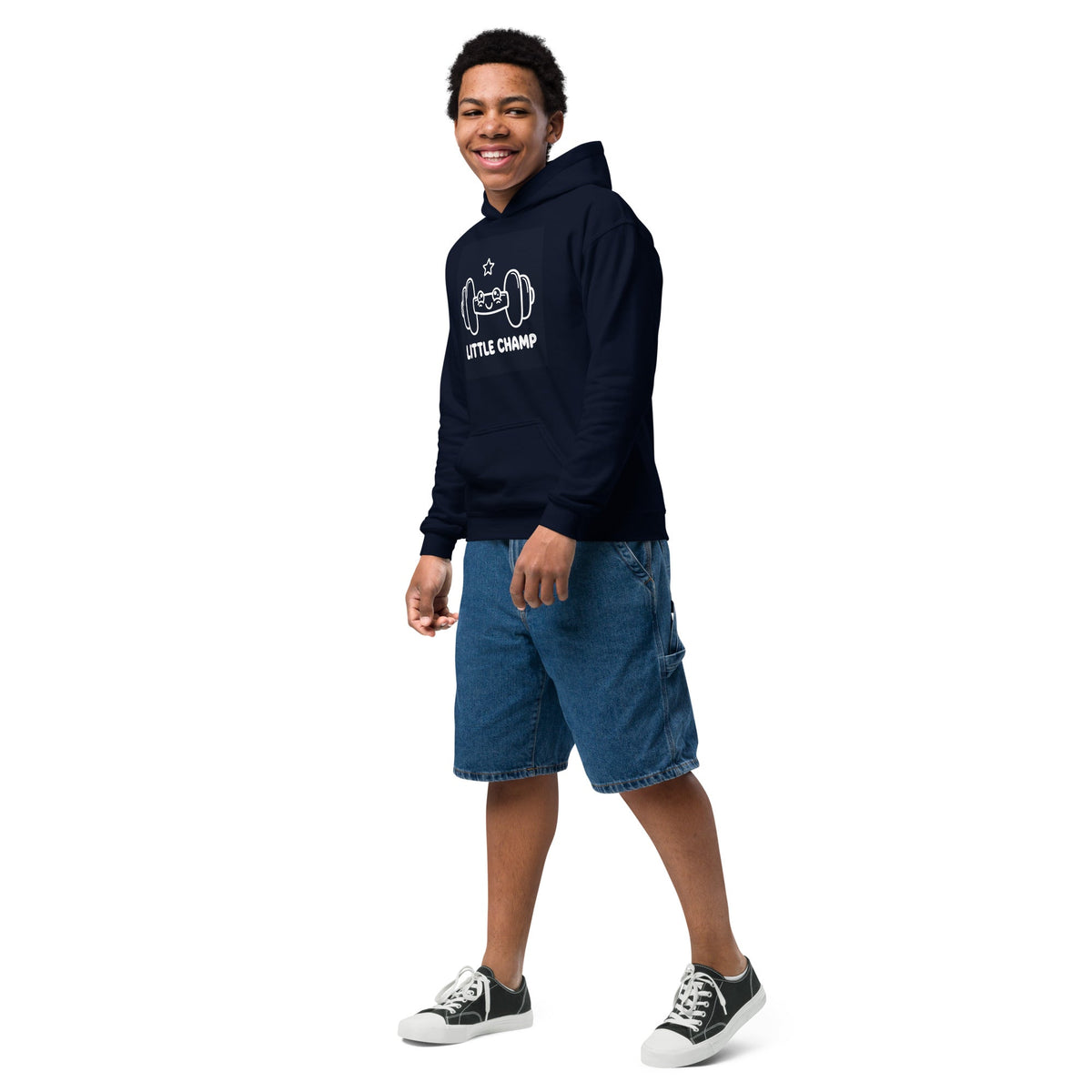 Little Champ Youth Hoodie in navy cotton-polyester fleece, featuring a white game controller graphic and front pouch pocket.