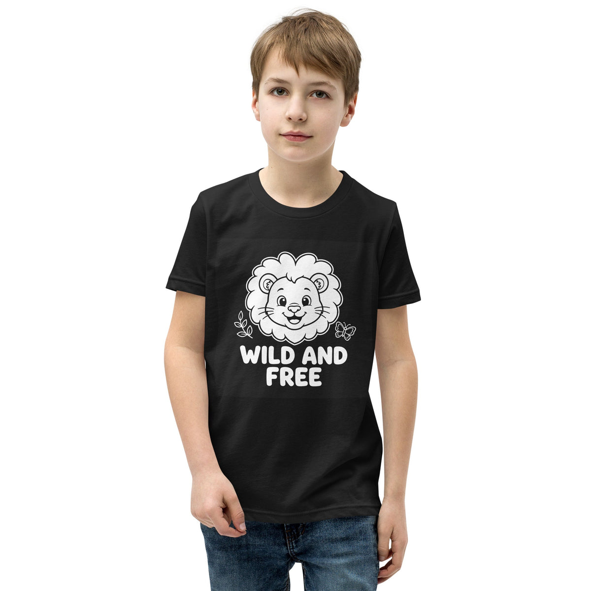 Kids T-shirt, black cotton with a white lion graphic and “WILD AND FREE” lettering; Wild and Free Kids design.