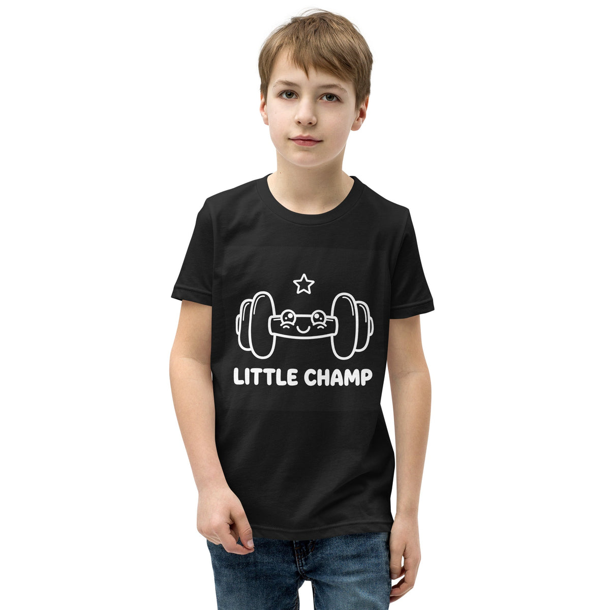 Little Champ Kids T-Shirt in black cotton, featuring a white cartoon barbell, star, and bold “LITTLE CHAMP” lettering.