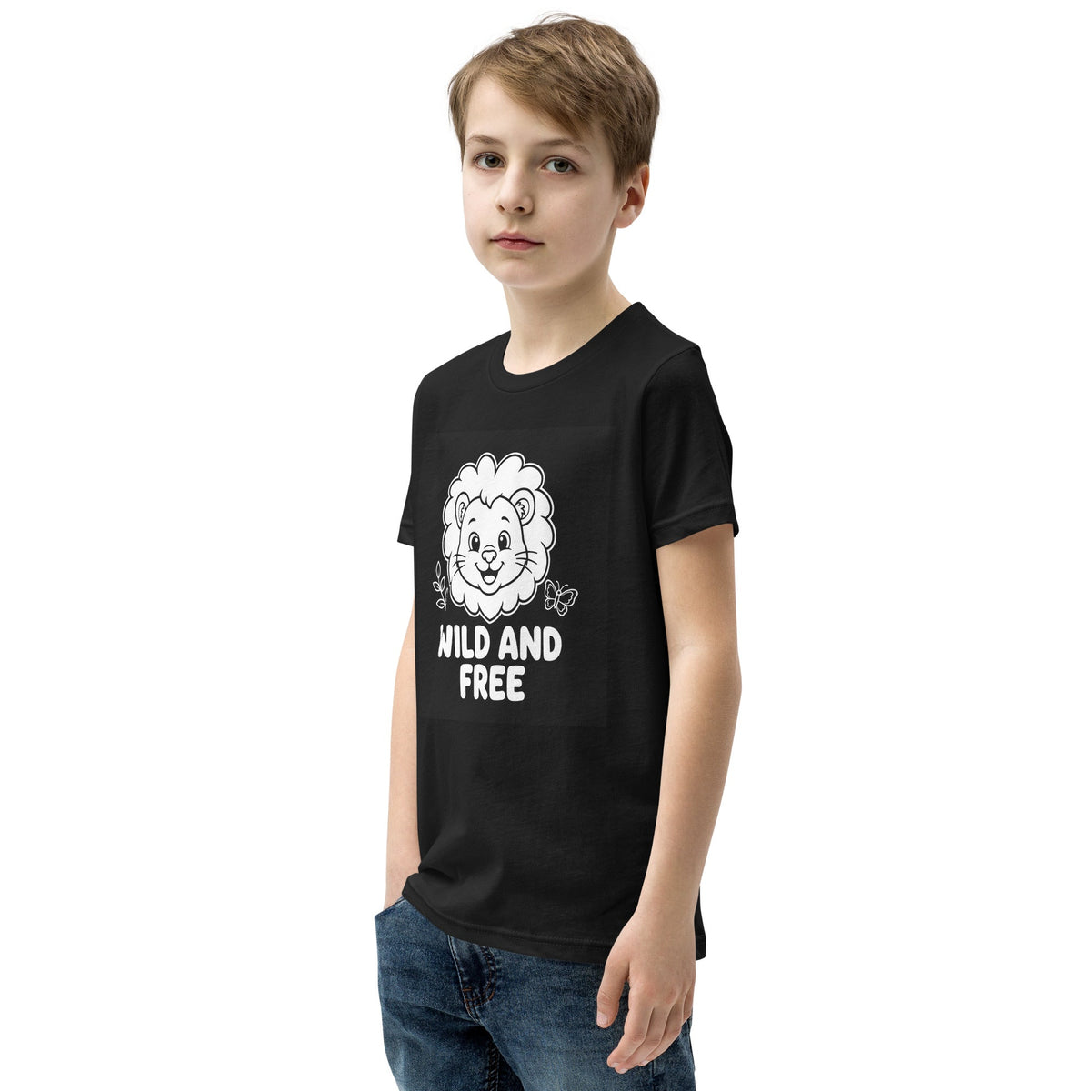 Kids’ T-shirt in black cotton with a white lion illustration and “Wild and Free” lettering, Wild and Free Kids design.