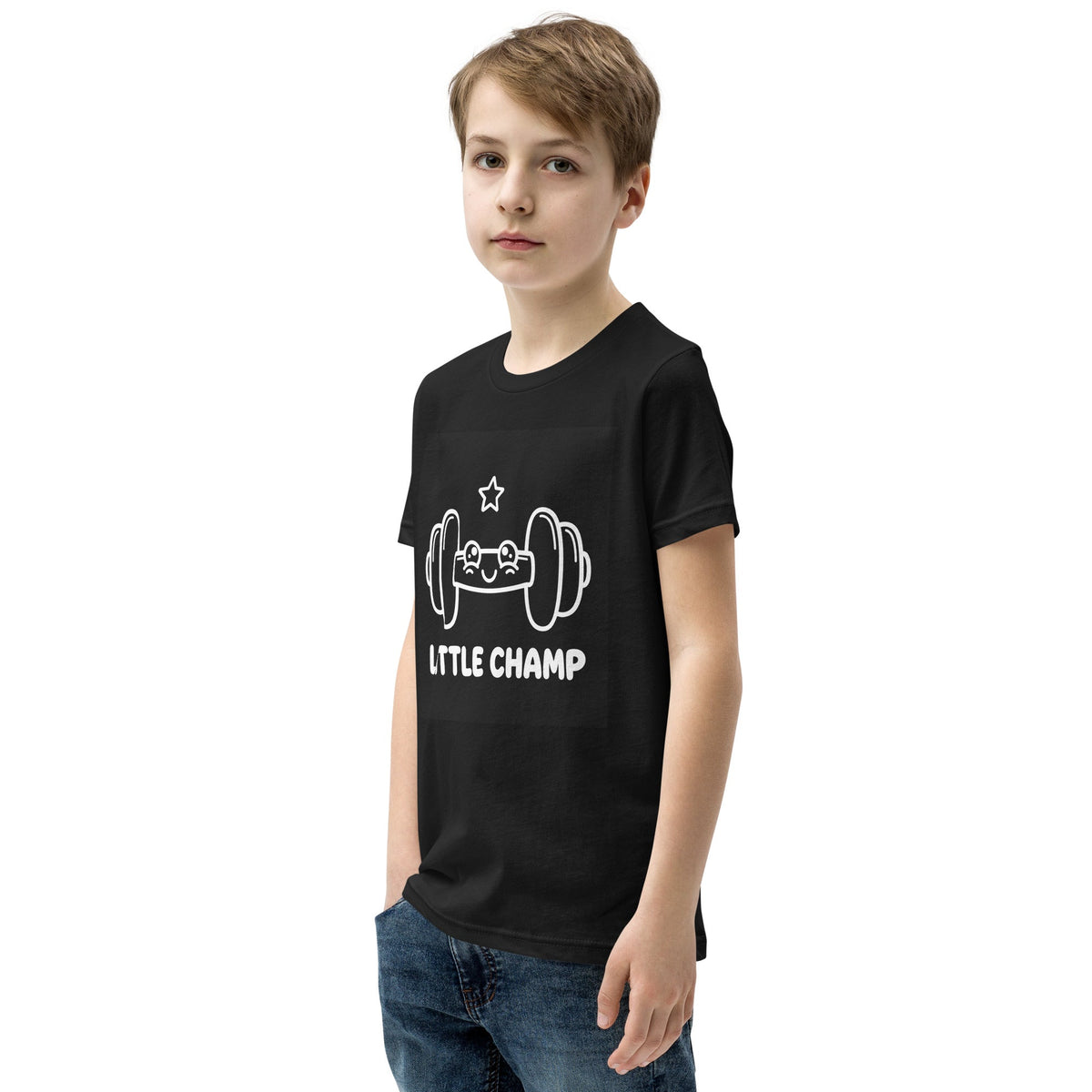 Little Champ Kids T-Shirt in black cotton, featuring a white weightlifting cartoon, star, and “LITTLE CHAMP” graphic.